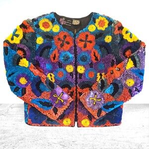 Vtg Precious Moments Womens Colorful Beaded Pure Silk Jacket Sz M Retro Fab RARE